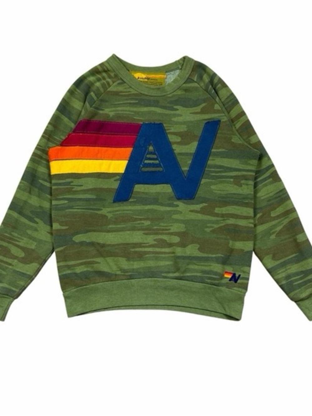 Aviator Nation Green Camo Sweatshirt with Rainbow AV Logo